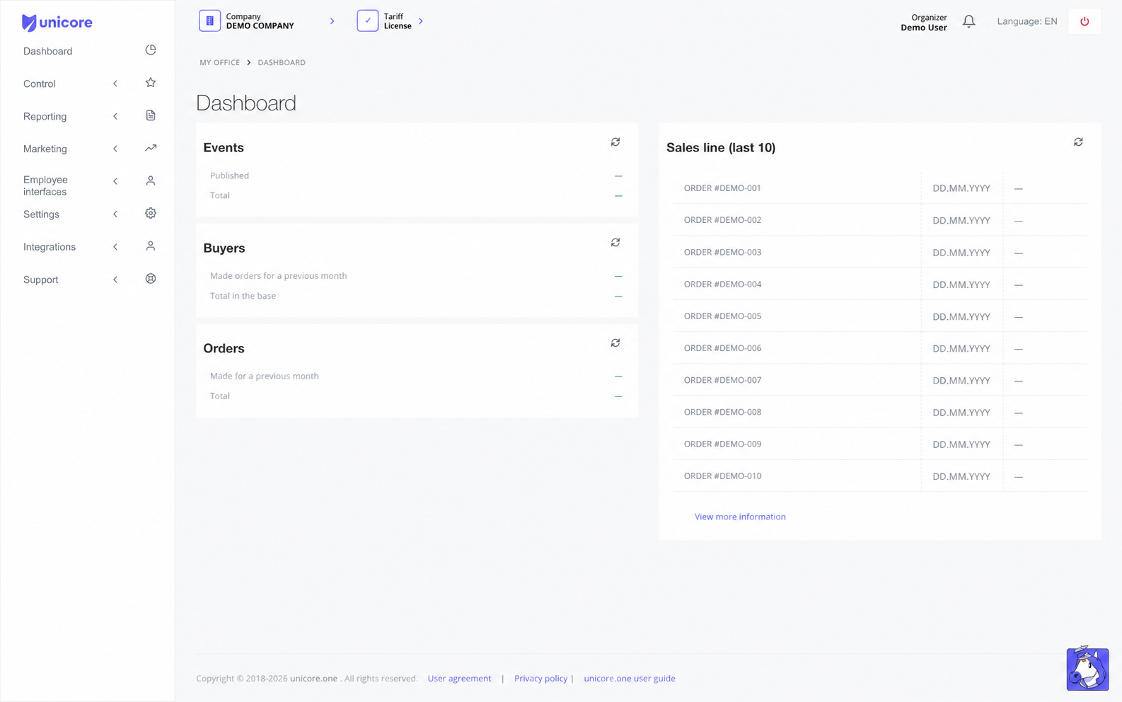Anonymized unicore.one dashboard interface